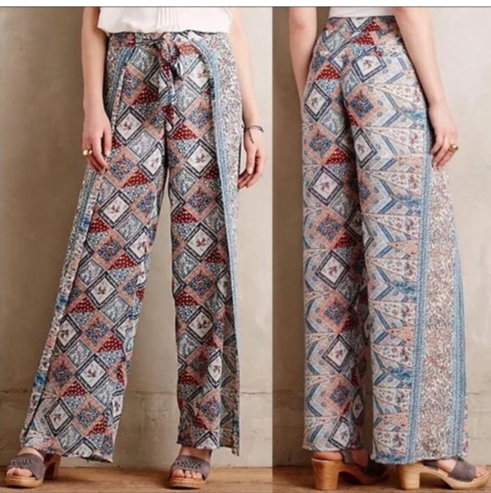 Anthropologie Elevenses Seaflower Wide Leg Boho Pants Size 6